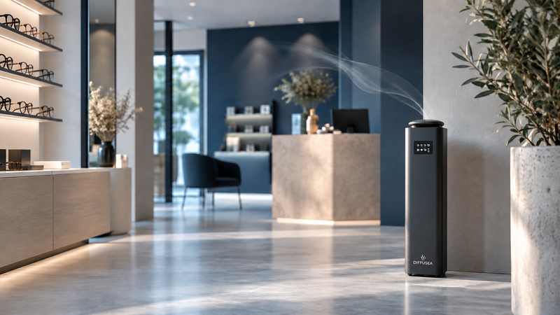 Diffuseur DIFFUSEA professionnel connecté dans une boutique d’optique